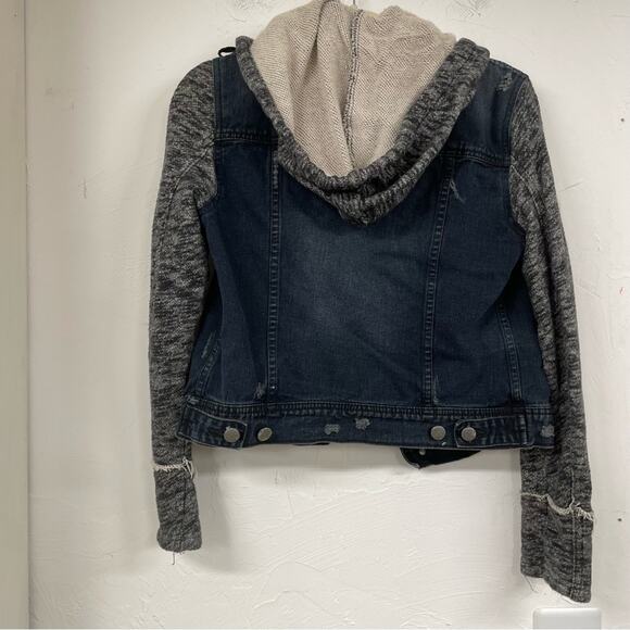 Free People Denim Hoodie Jacket With Grey Sweater Sleeve Womens S Blue Jean - Picture 7 of 10